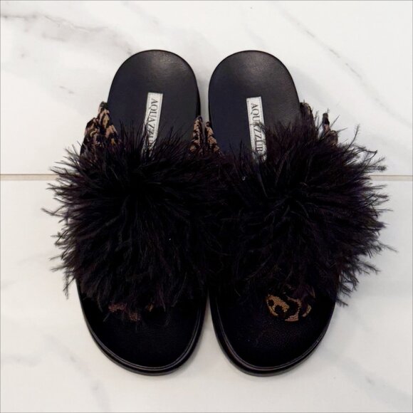 Aquazzura Boudoir Feather-Trimmed Black Animal Print Thong Sandals 7.5 - Picture 4 of 11